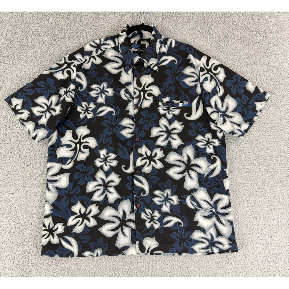 Rusty Button Up Shirt Mens XL Black Blue‎ Floral Hibiscus Tropical Surf Shirt